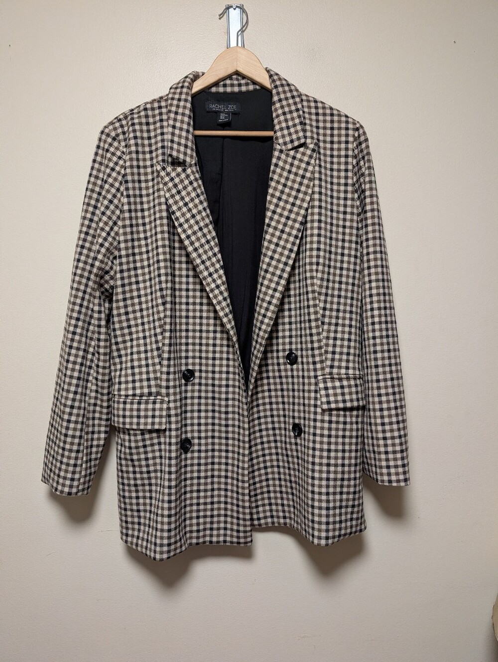 Rachel Zoe XL Gingham Plaid Double Breasted long Blazer Black Beige Check